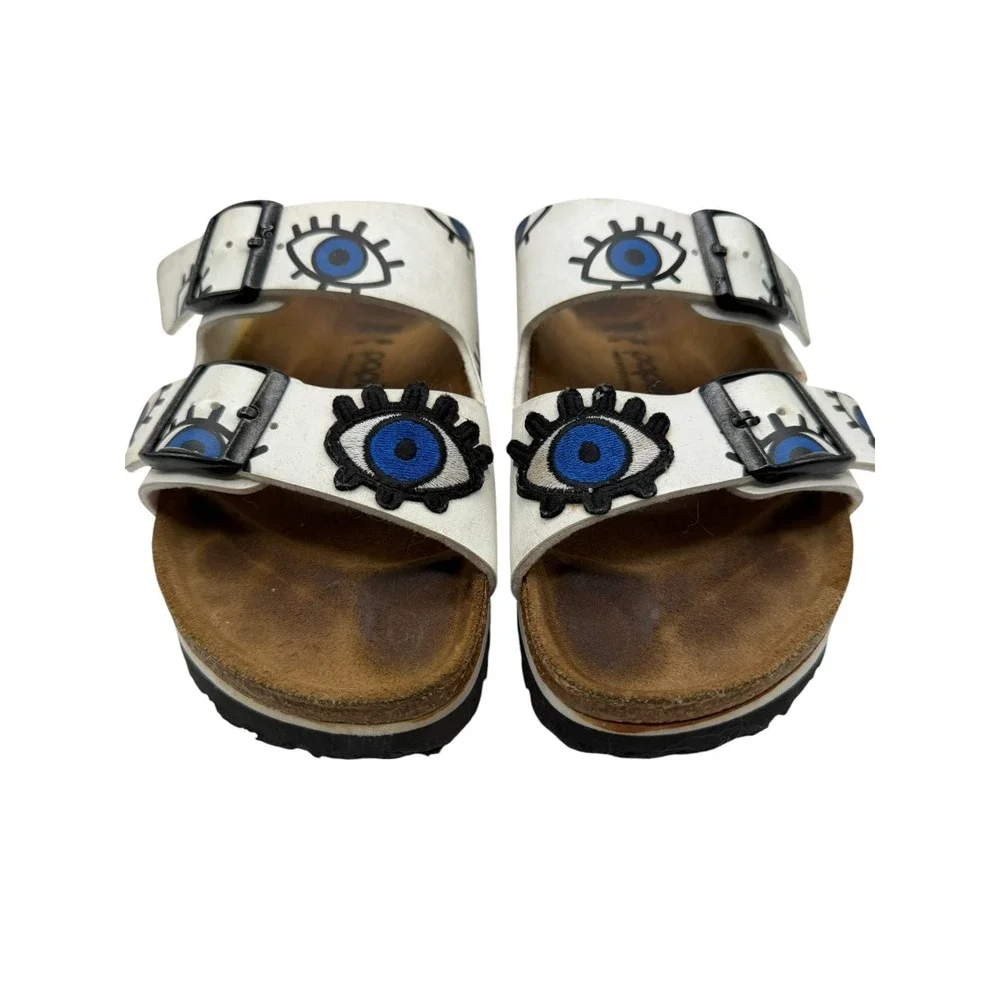 Papillio Birkenstock Arizona Platform Sandals Women 7 White Leather Evil Eye - Picture 4 of 11